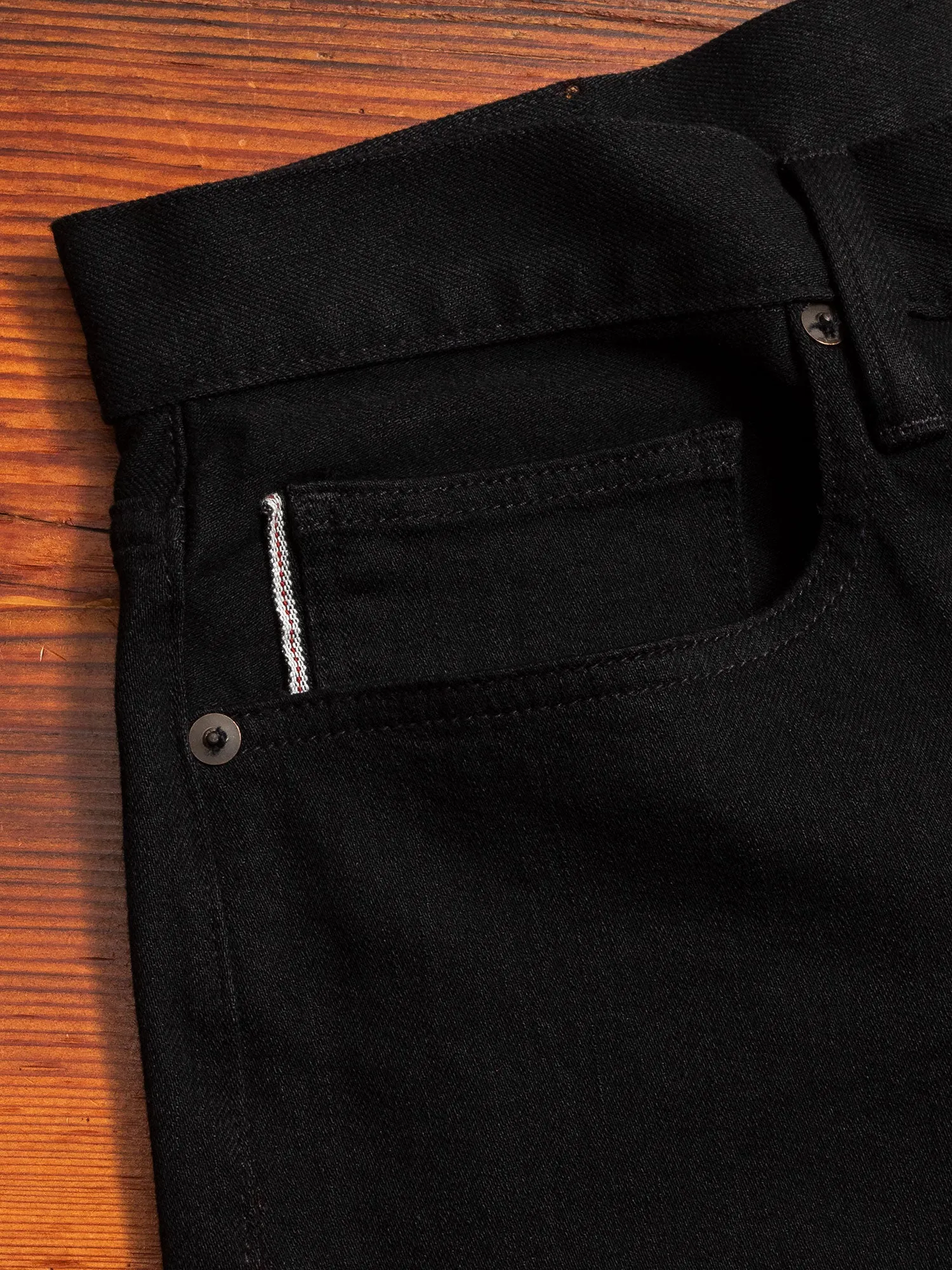 10.5oz Black Rinsed Stretch Selvedge Denim - Hammer Straight