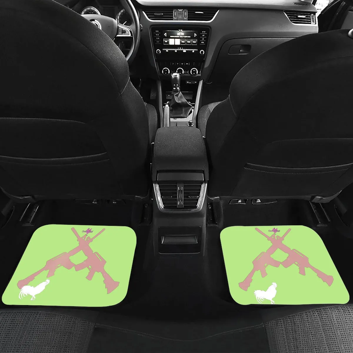 #514 cocknload Mining Car Mats. Lime green with guns and rooster print.