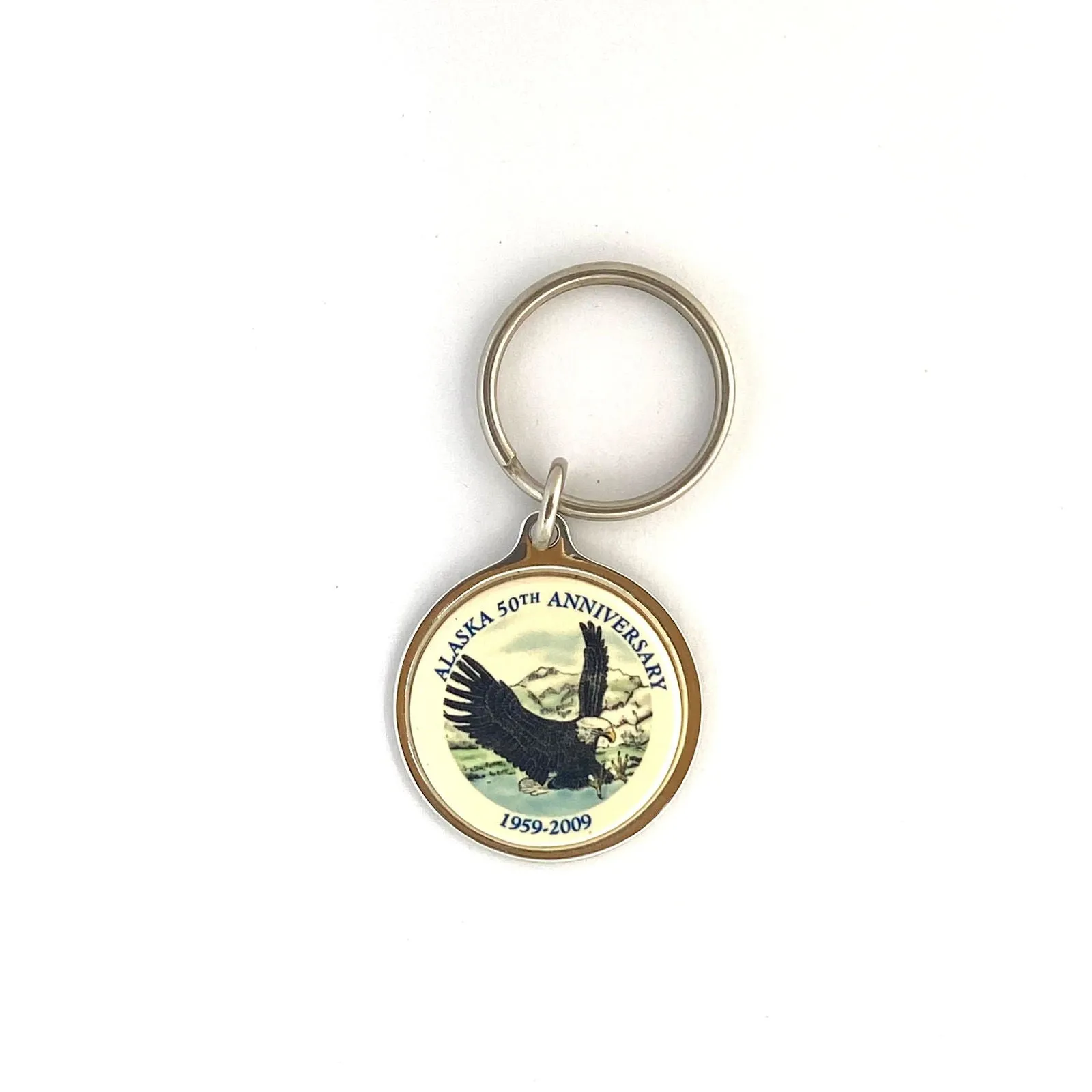 Alaska “50th Anniversary 1959-2009” Enamel Pendant Travel Keychain | Souvenir | Bald Eagle | 1.75” Diameter