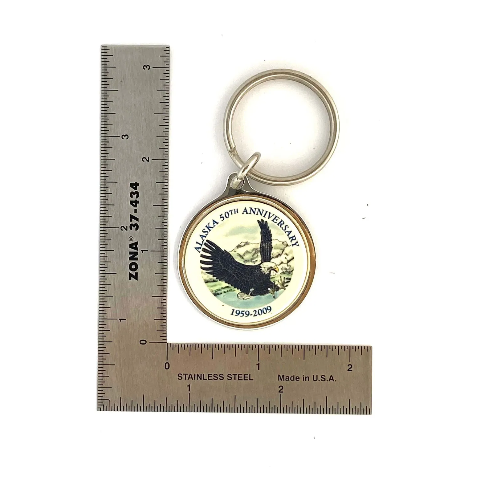 Alaska “50th Anniversary 1959-2009” Enamel Pendant Travel Keychain | Souvenir | Bald Eagle | 1.75” Diameter