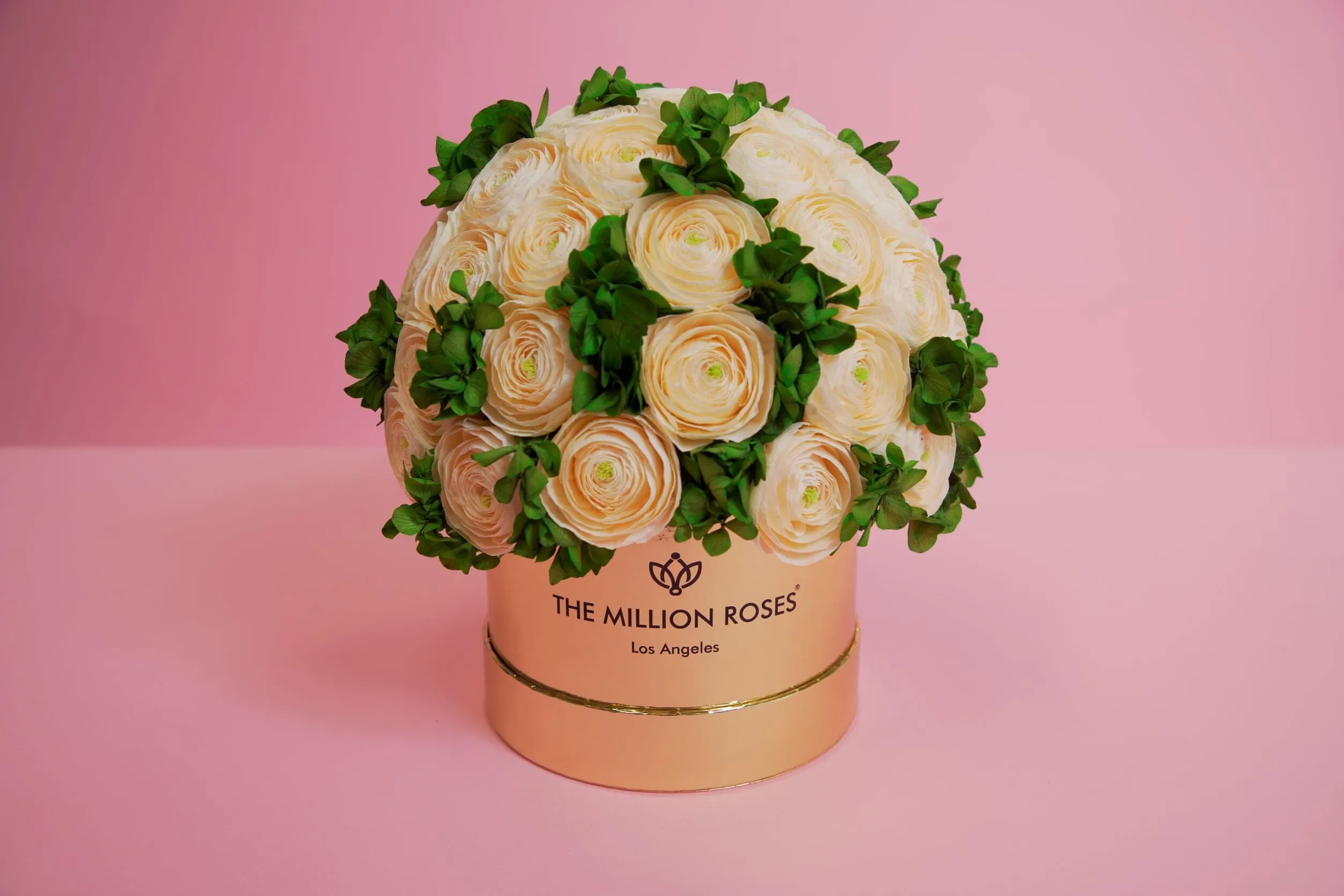 Classic Hot Pink Suede Box | Peach Persian Buttercups & Green Hydrangeas