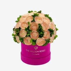 Classic Hot Pink Suede Box | Peach Persian Buttercups & Green Hydrangeas