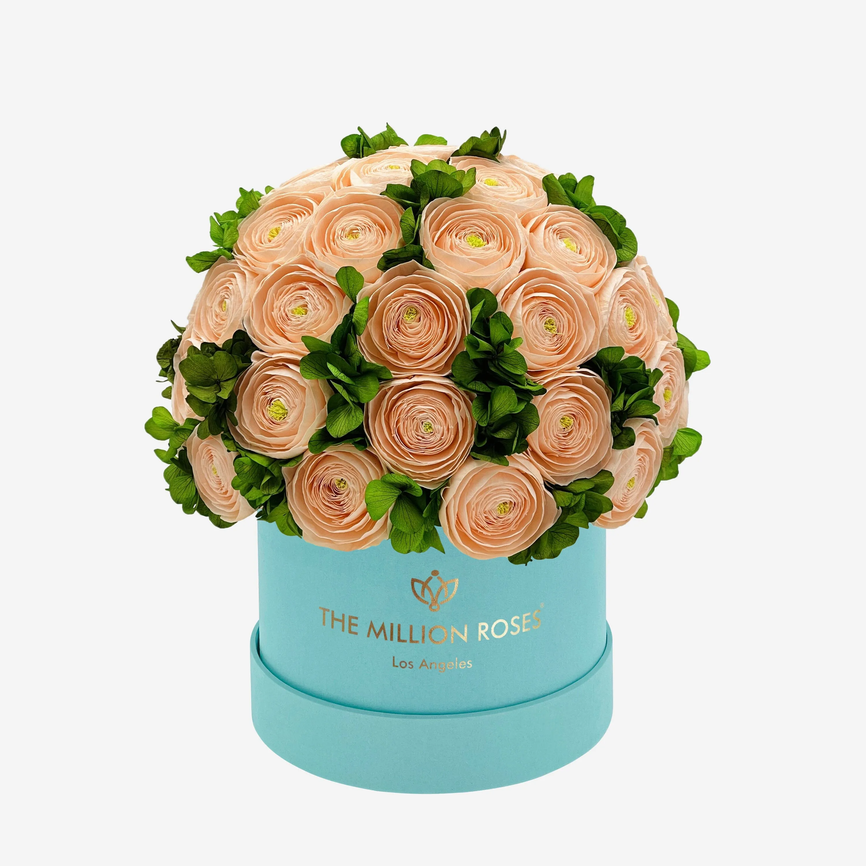 Classic Mint Green Suede Box | Peach Persian Buttercups & Green Hydrangeas