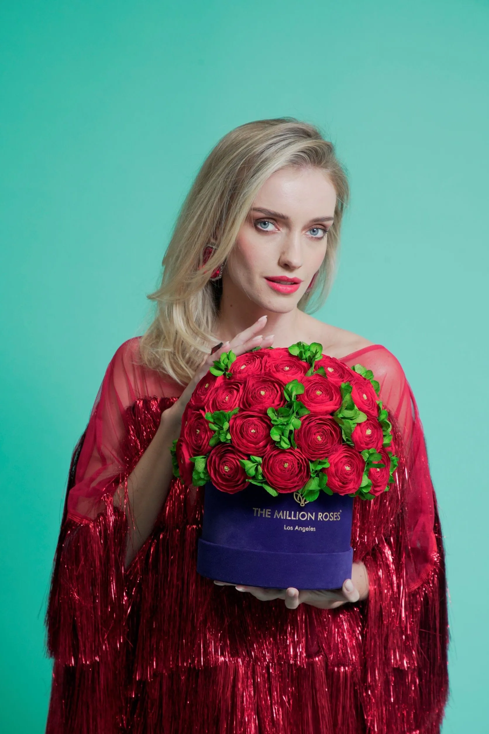 Classic White Box | Red Persian Buttercups & Green Hydrangeas