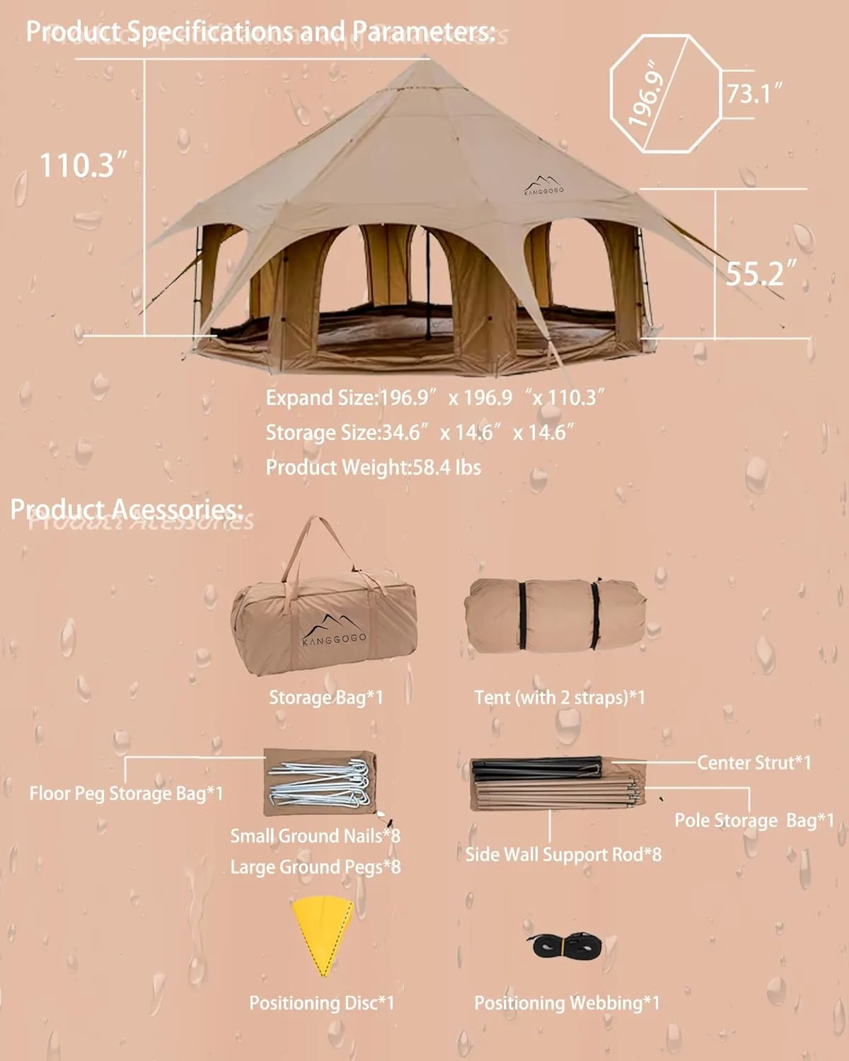 Cotton Canvas Tent Bell - Breathable and Windproof Family Camping Tents Glamping for 6/8/10 Person