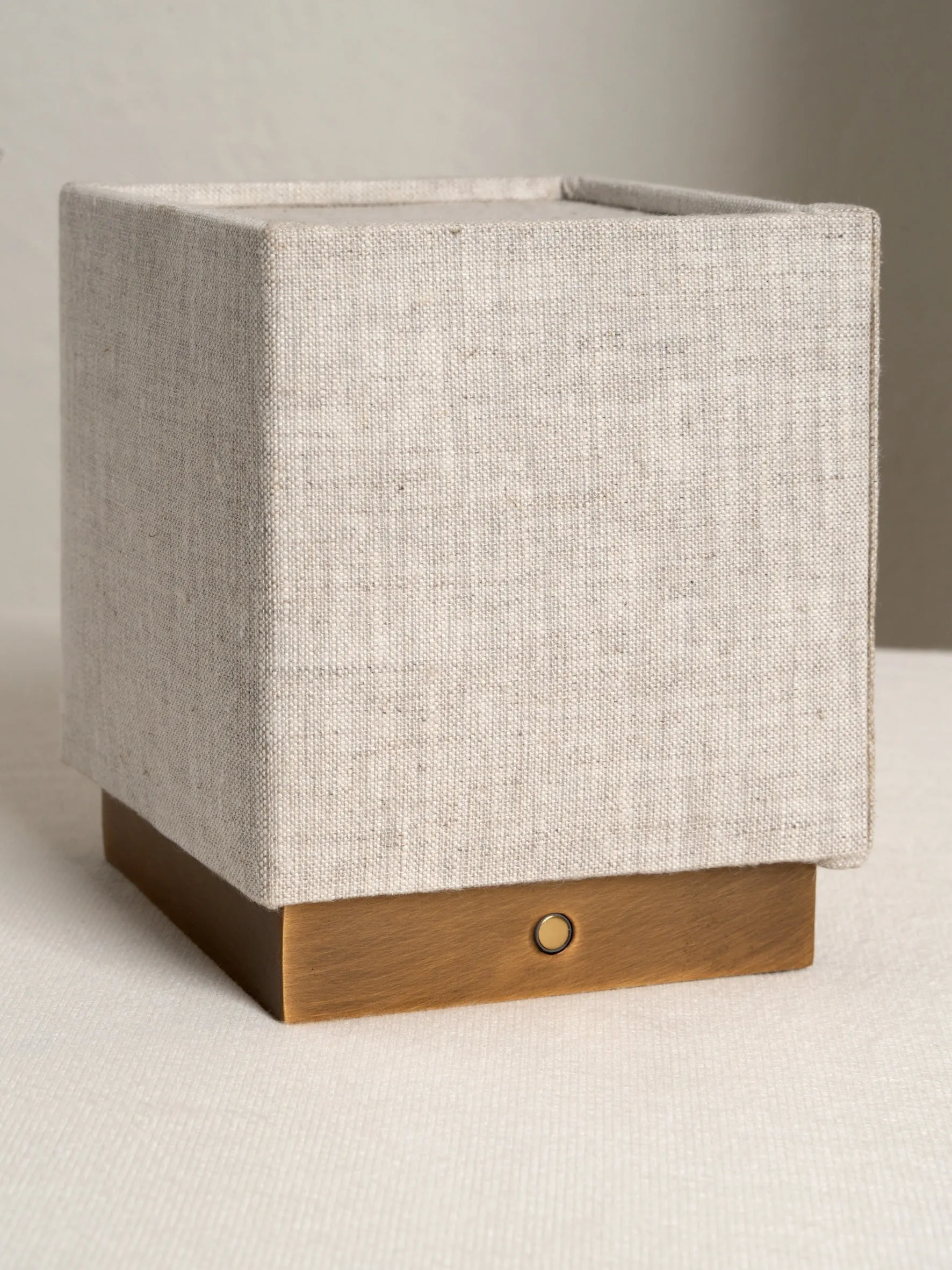 Cube - aged brass and linen rechargeable table lamp