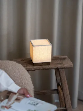 Cube - aged brass and linen rechargeable table lamp