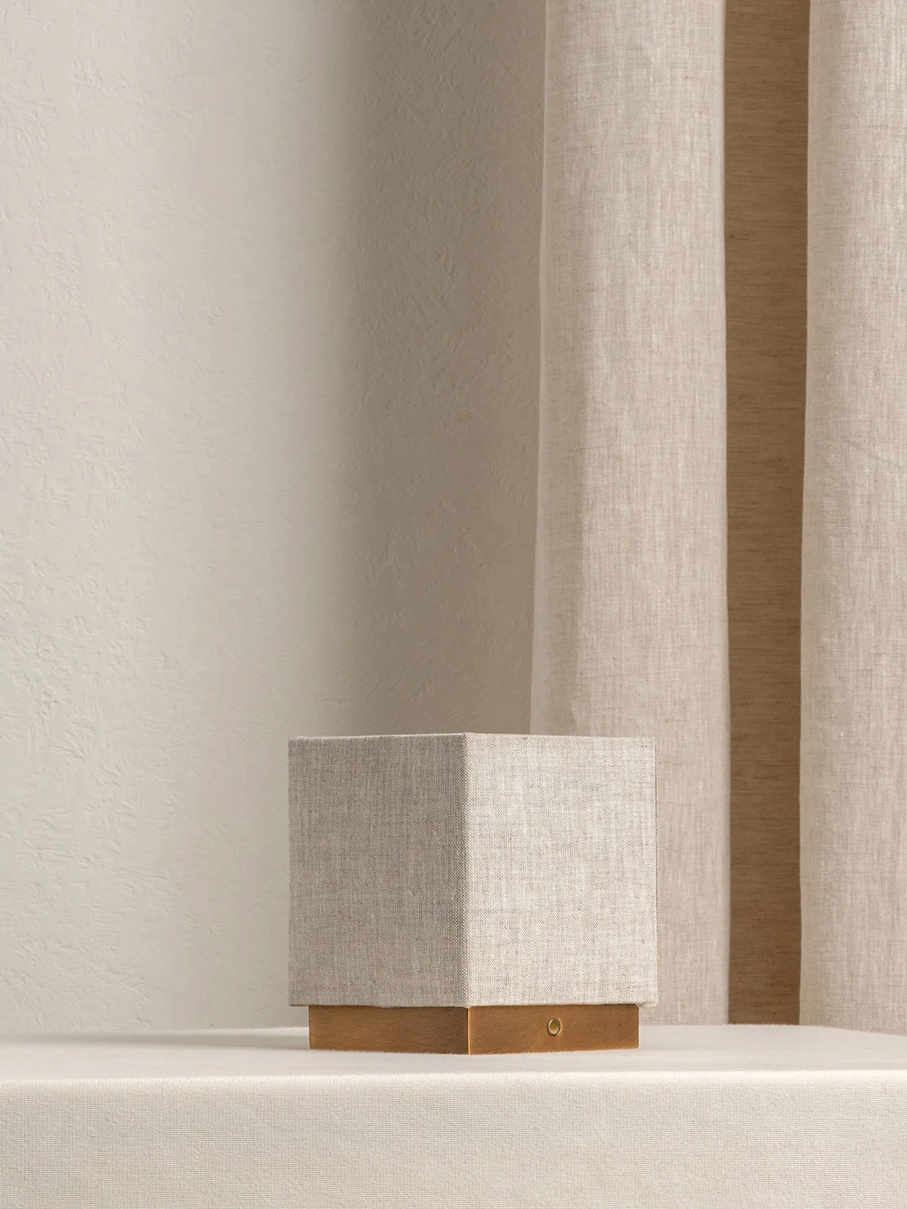 Cube - aged brass and linen rechargeable table lamp