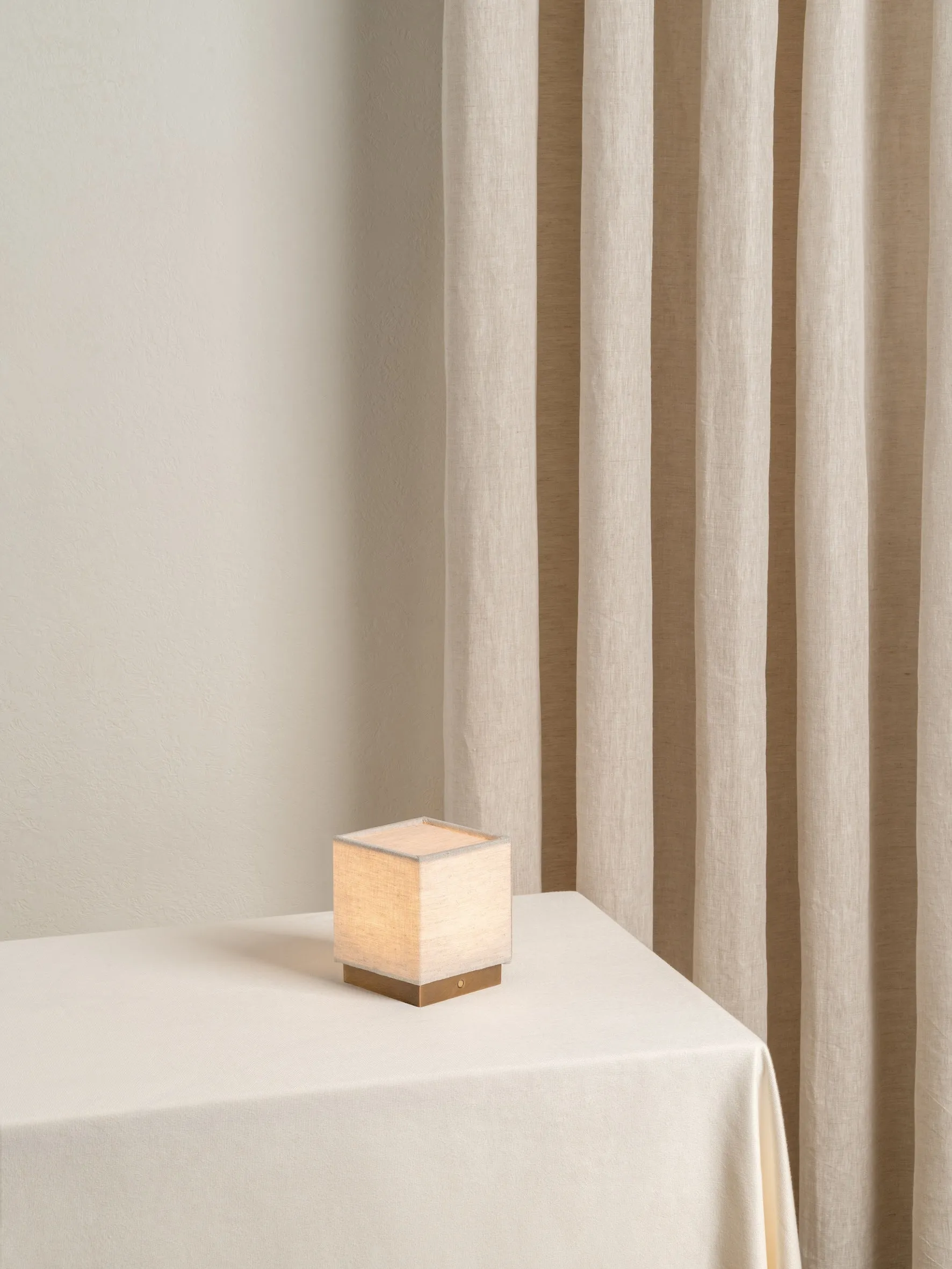 Cube - aged brass and linen rechargeable table lamp