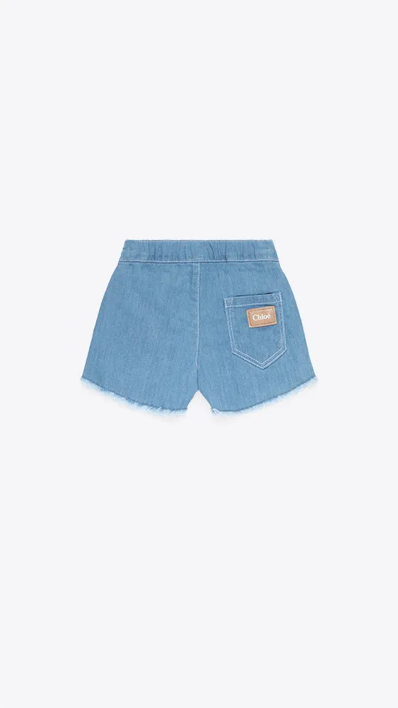 Denim Shorts Asymmetric Closure Raw Edges