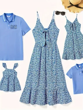 Family Matching Ditsy Floral Tie Front Strap Dress and Polo Shirt Set