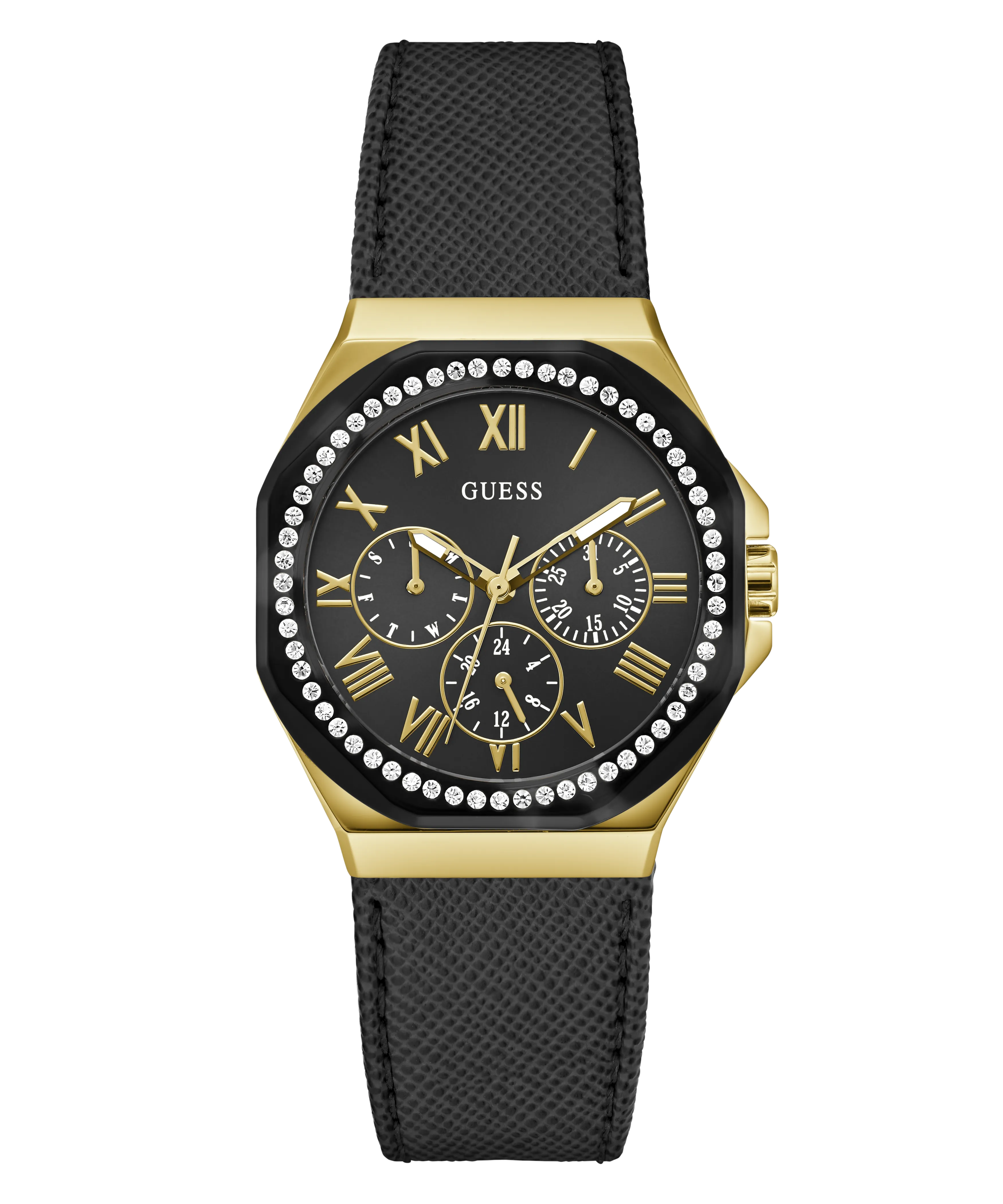 GUESS Ladies Black Gold Tone Multi-function Watch