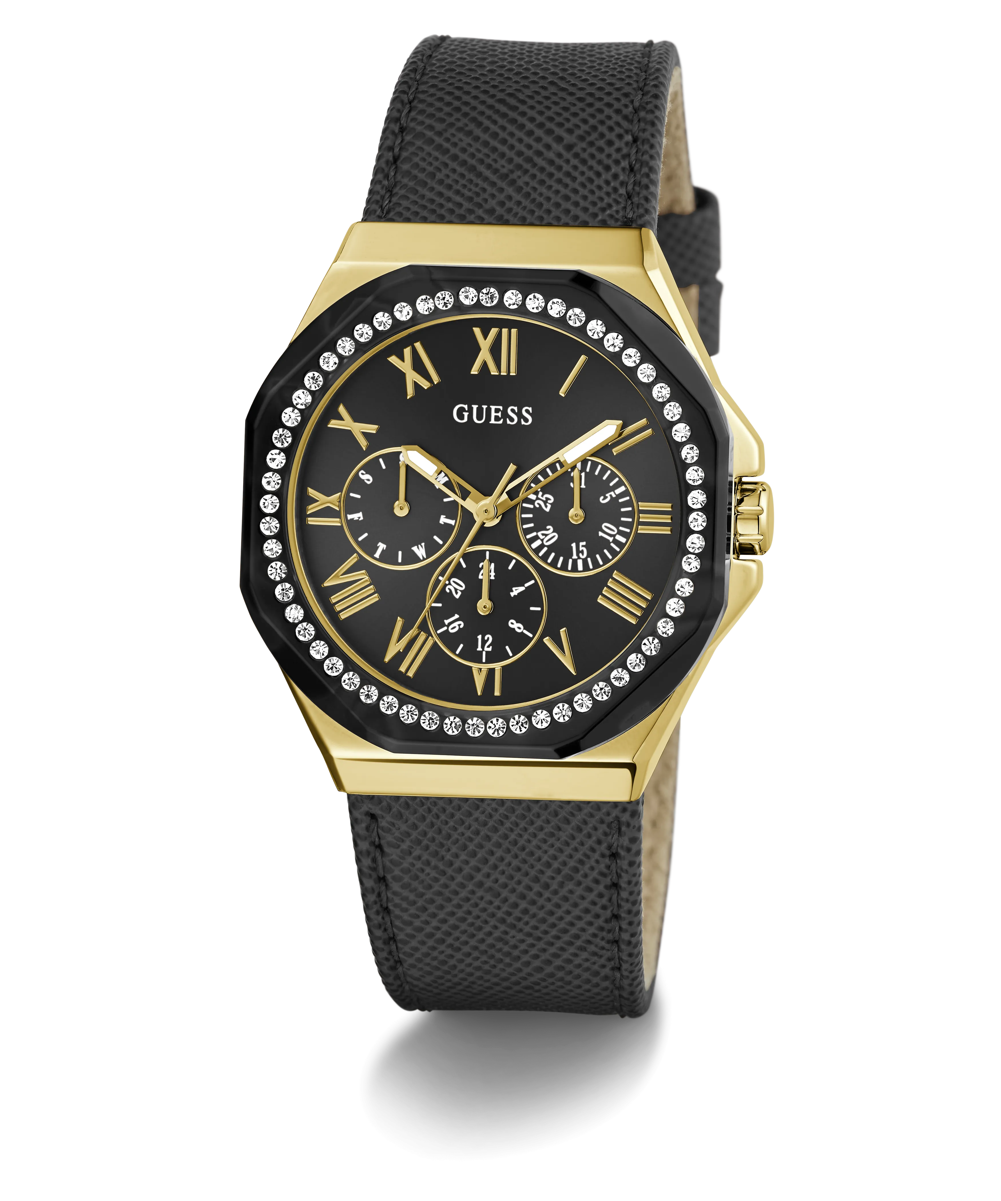 GUESS Ladies Black Gold Tone Multi-function Watch