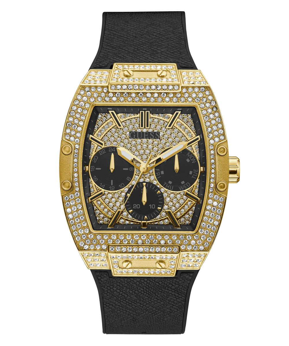 GUESS Mens Black Gold Tone Multi-function Watch