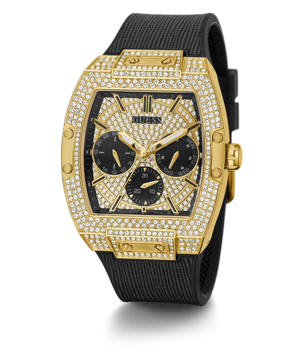 GUESS Mens Black Gold Tone Multi-function Watch