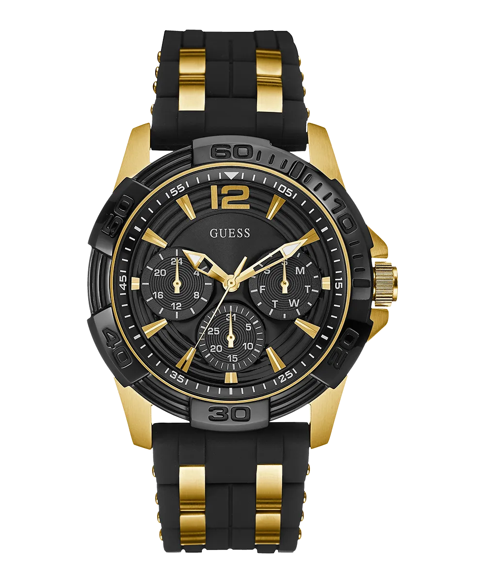 GUESS Mens Black Gold Tone Multi-function Watch