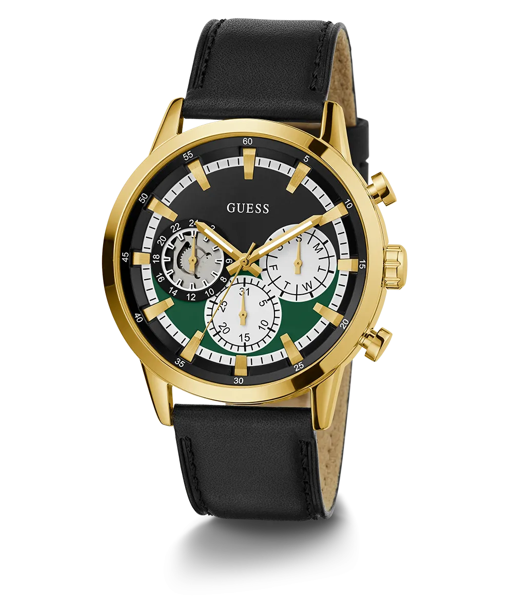 GUESS Mens Black Gold Tone Multi-function Watch