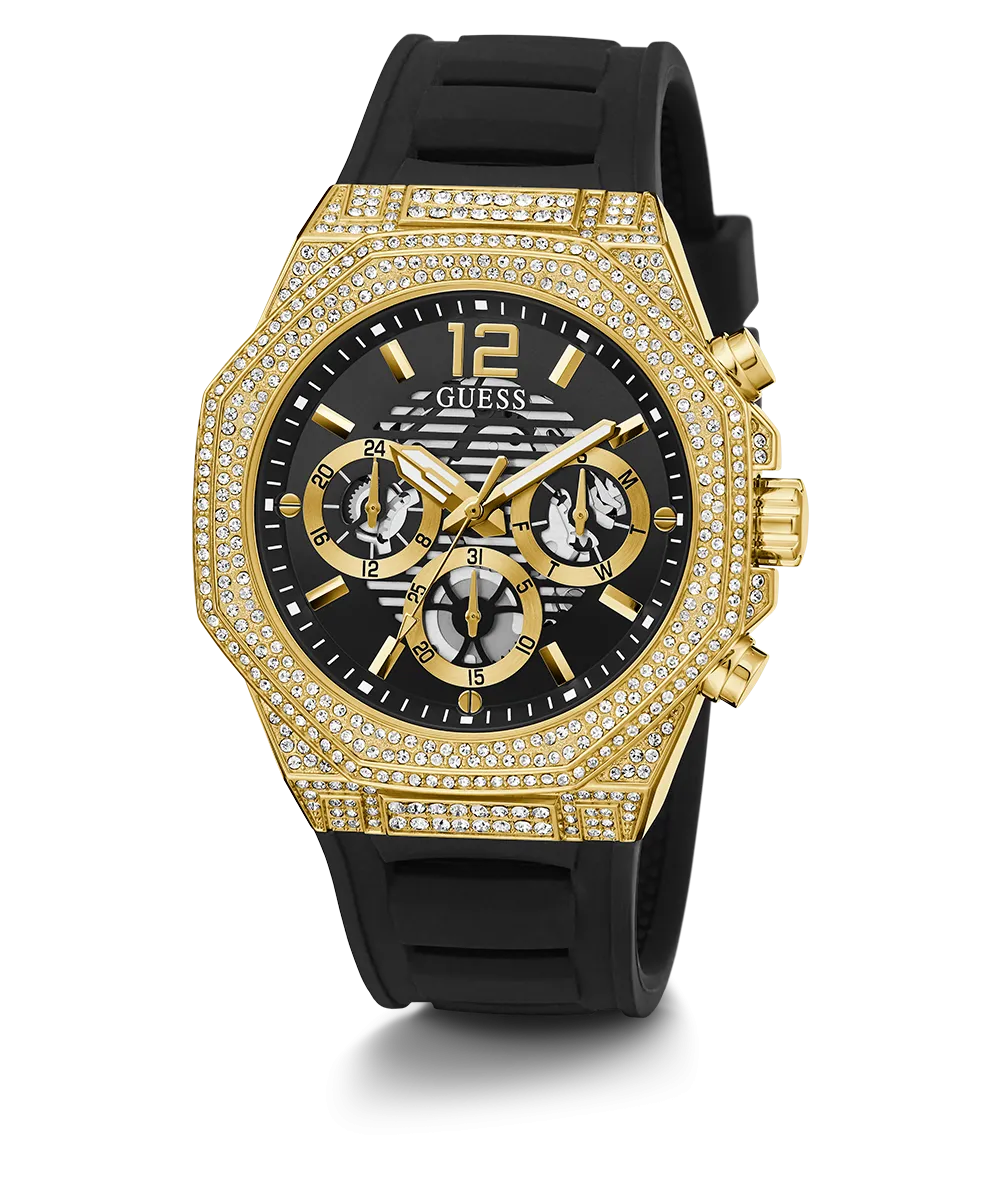 GUESS Mens Black Gold Tone Multi-function Watch