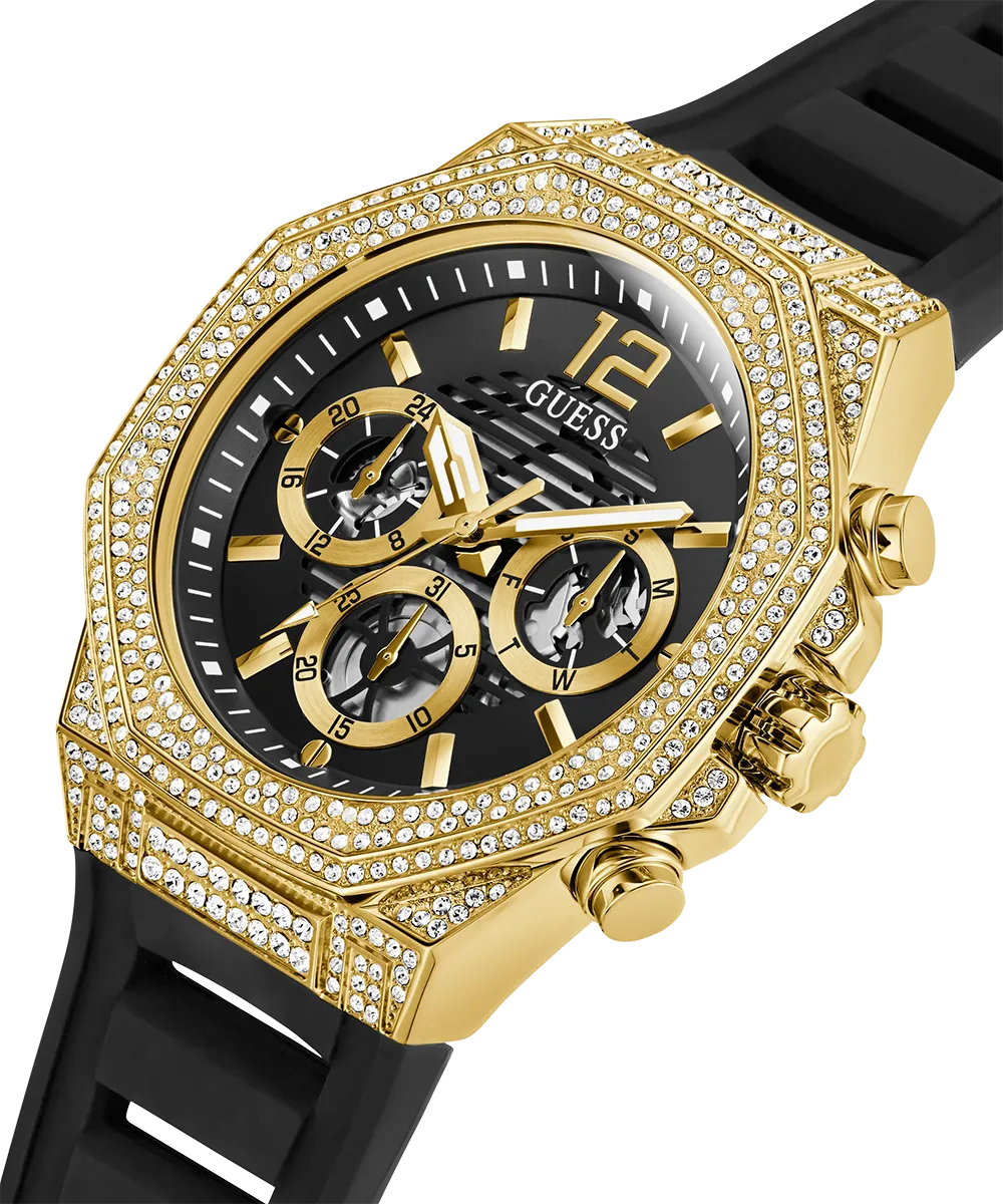 GUESS Mens Black Gold Tone Multi-function Watch