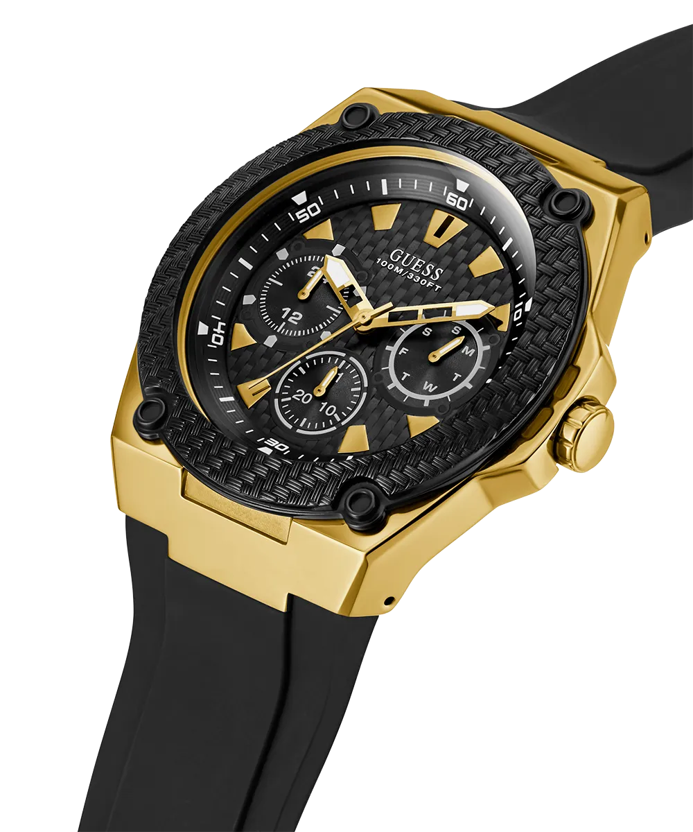 GUESS Mens Black Gold Tone Multi-function Watch