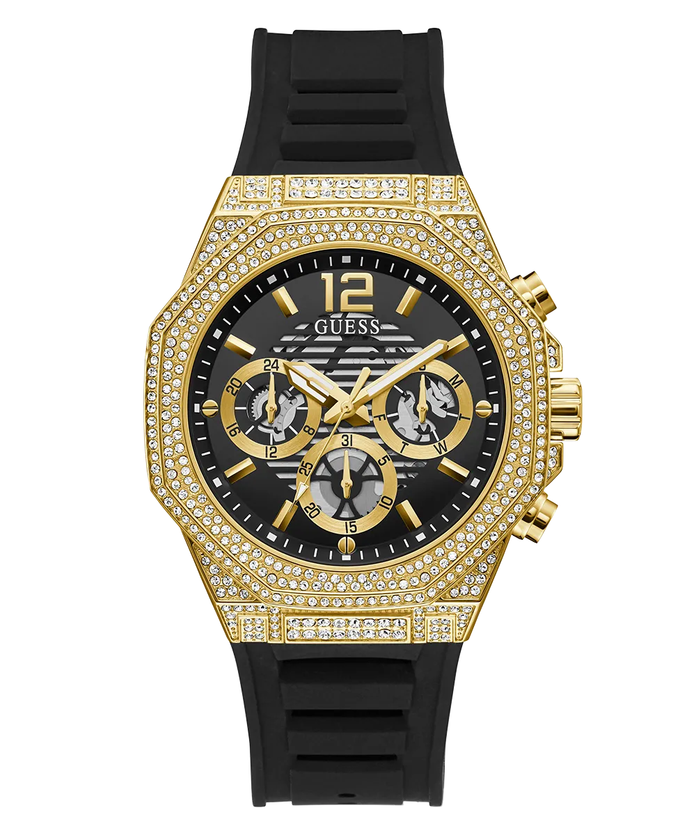 GUESS Mens Black Gold Tone Multi-function Watch