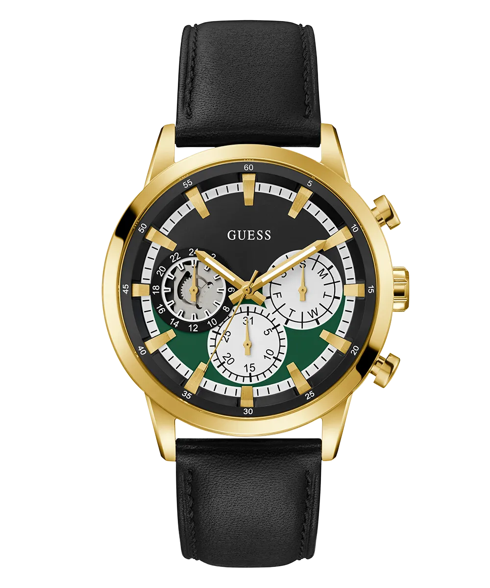 GUESS Mens Black Gold Tone Multi-function Watch