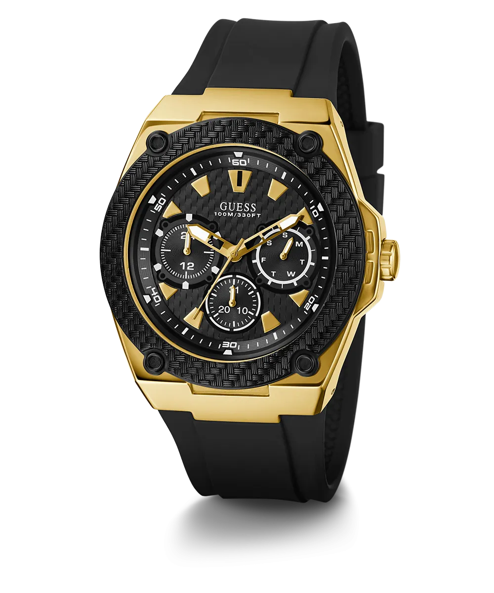 GUESS Mens Black Gold Tone Multi-function Watch