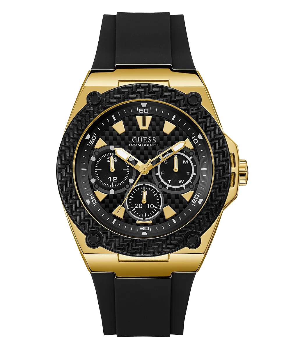 GUESS Mens Black Gold Tone Multi-function Watch