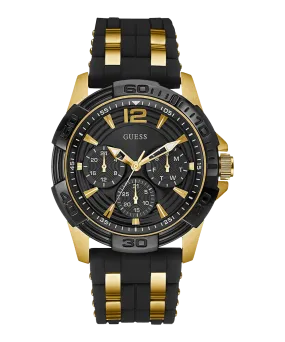 GUESS Mens Black Gold Tone Multi-function Watch