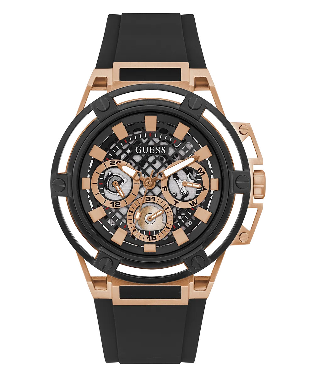 GUESS Mens Black Rose Gold Tone Multi-function Watch