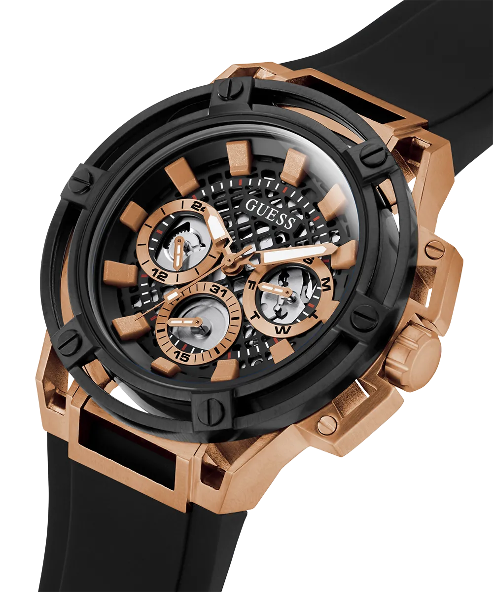 GUESS Mens Black Rose Gold Tone Multi-function Watch