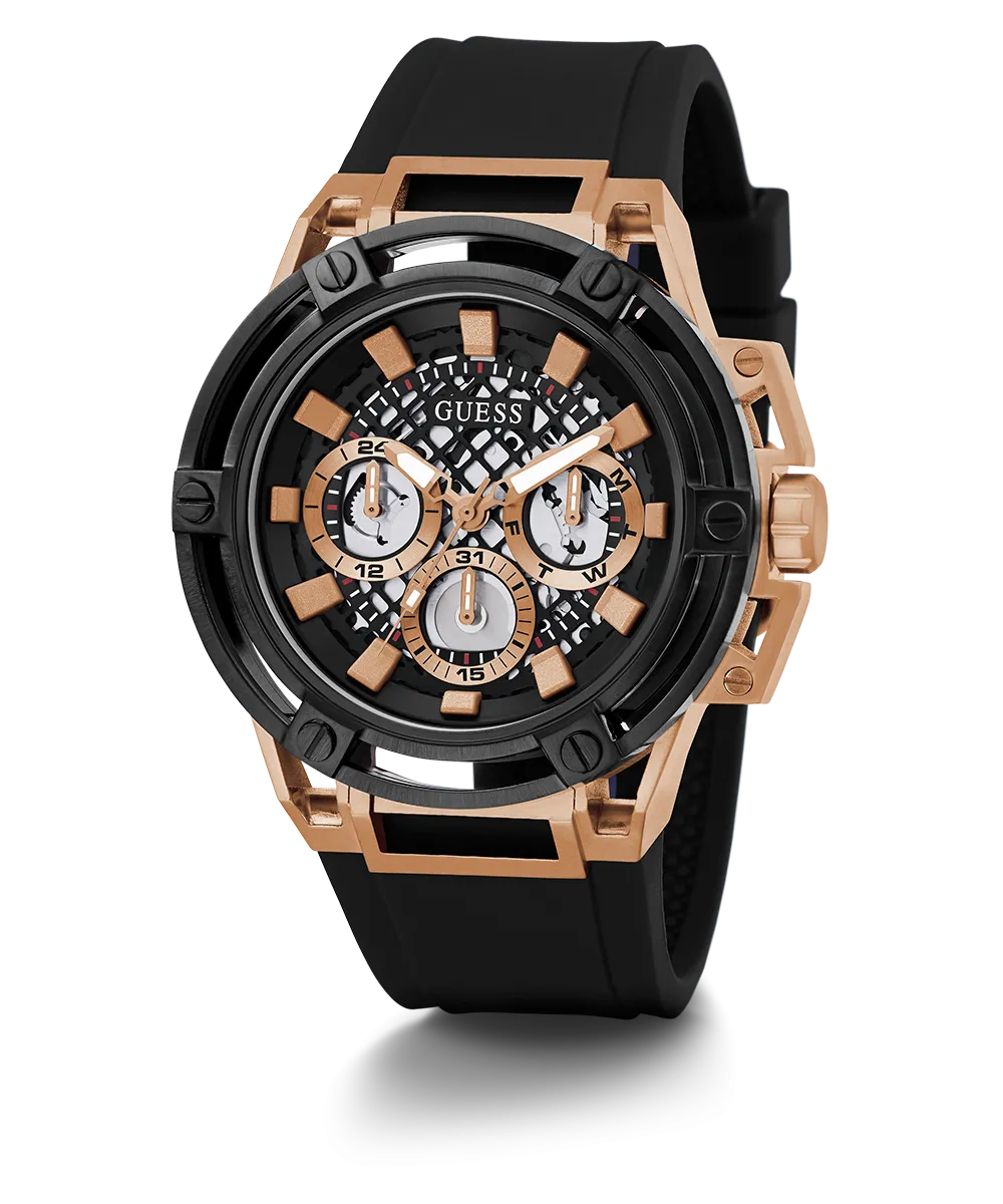 GUESS Mens Black Rose Gold Tone Multi-function Watch