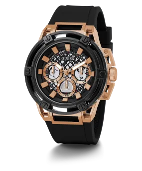 GUESS Mens Black Rose Gold Tone Multi-function Watch