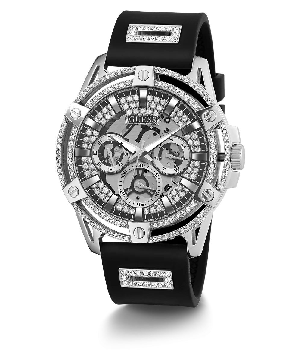 GUESS Mens Black Silver Tone Multi-function Watch