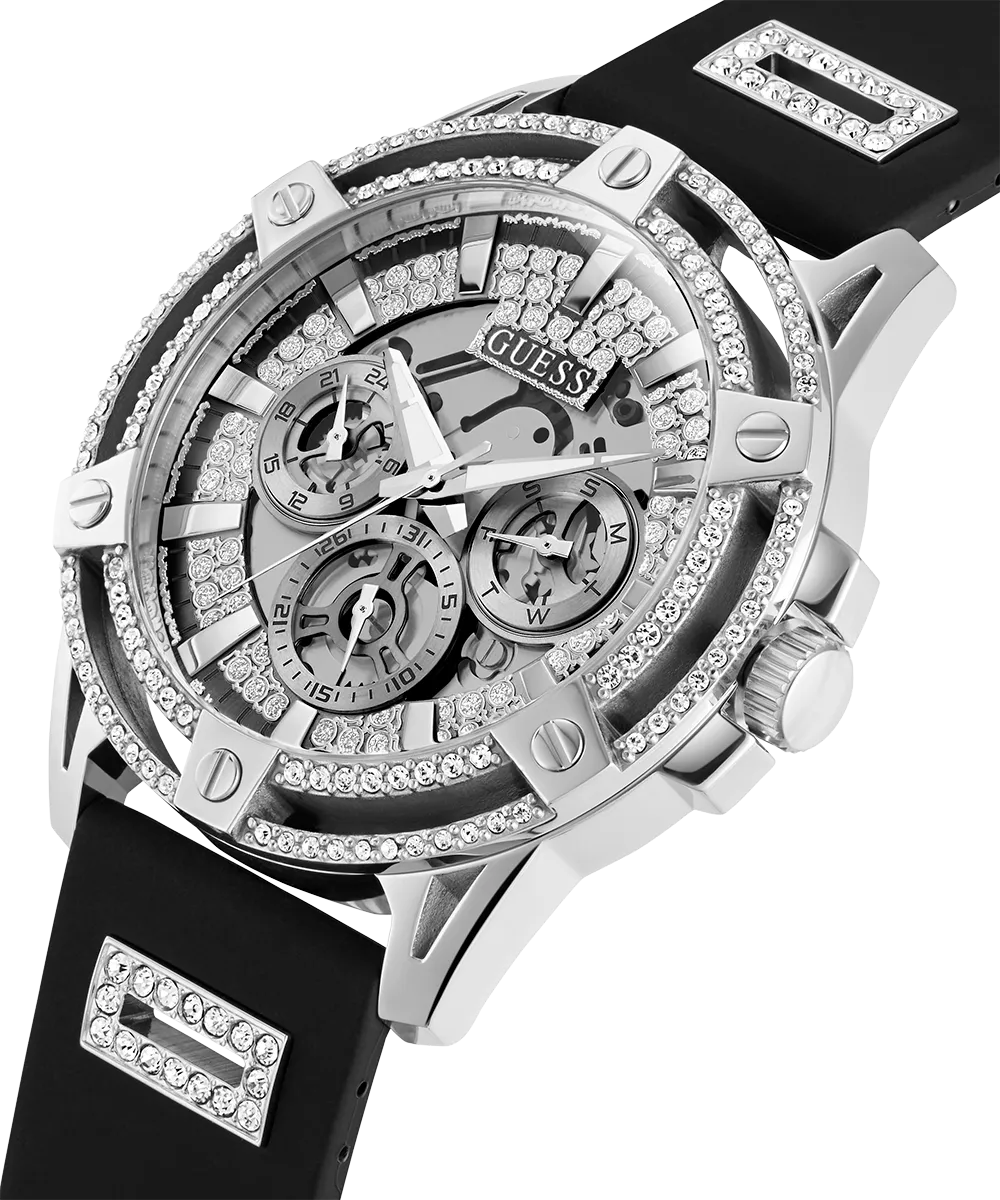 GUESS Mens Black Silver Tone Multi-function Watch