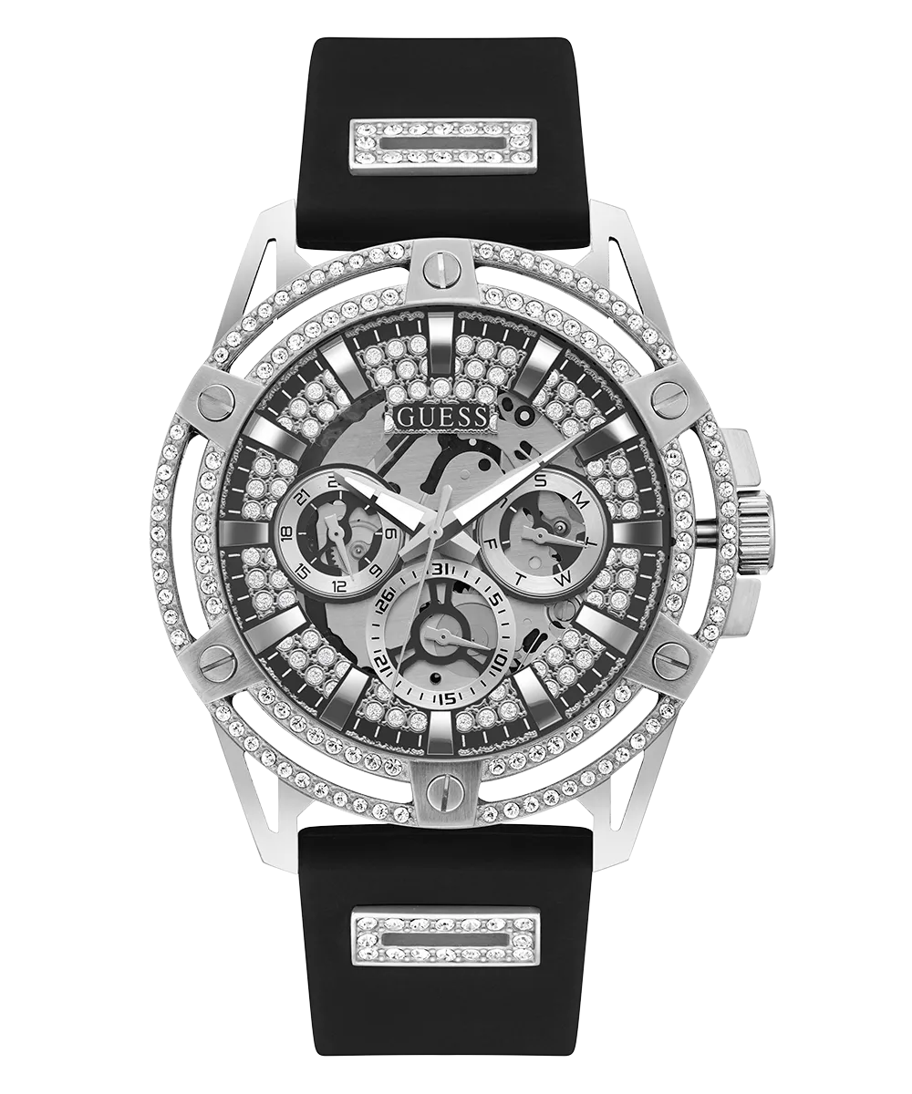 GUESS Mens Black Silver Tone Multi-function Watch