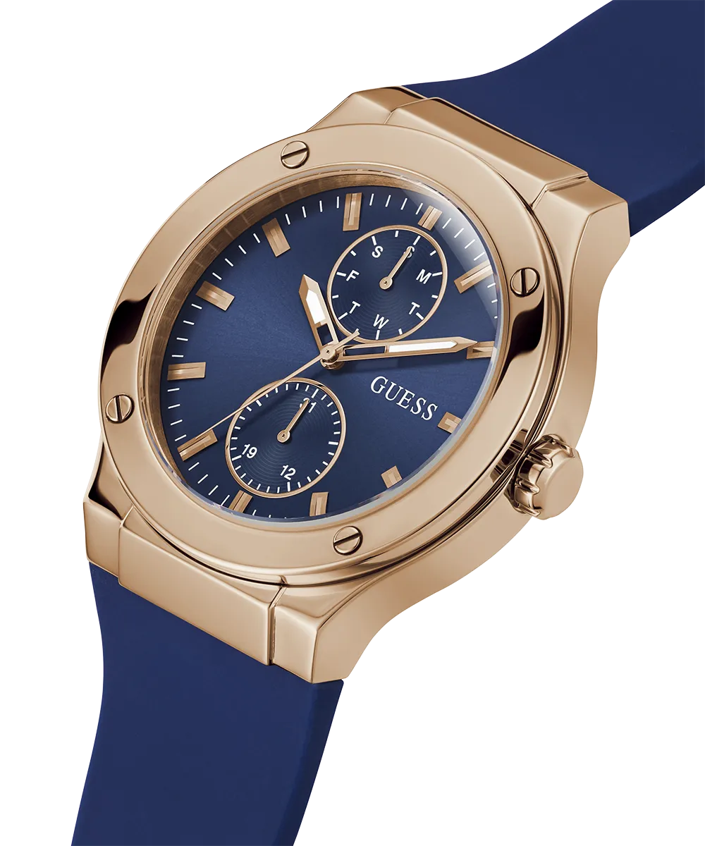 GUESS Mens Blue Rose Gold Tone Multi-function Watch