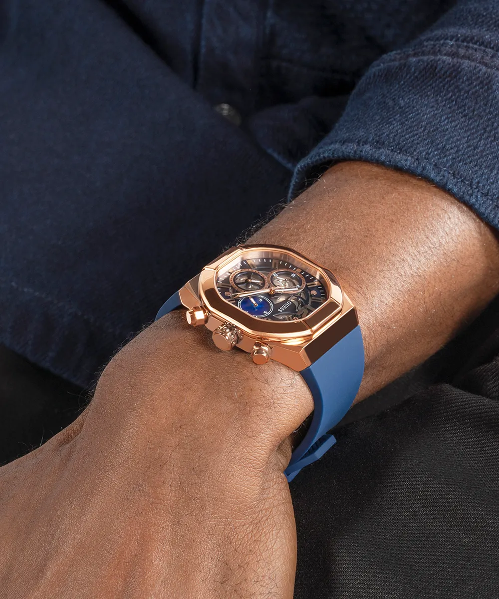 GUESS Mens Blue Rose Gold Tone Multi-function Watch