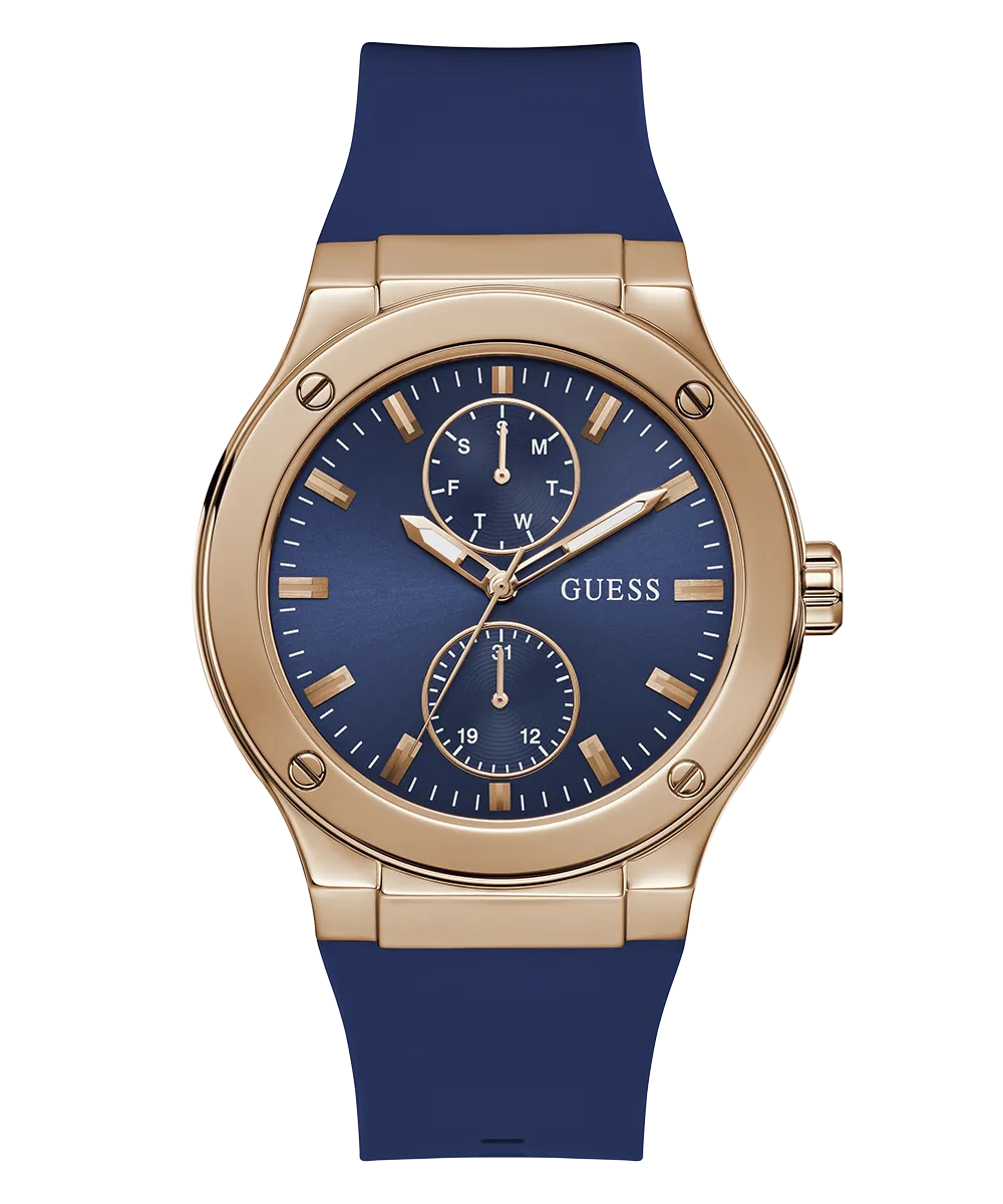 GUESS Mens Blue Rose Gold Tone Multi-function Watch