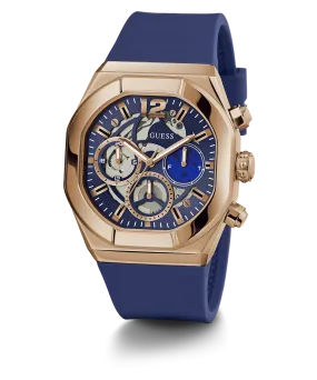 GUESS Mens Blue Rose Gold Tone Multi-function Watch