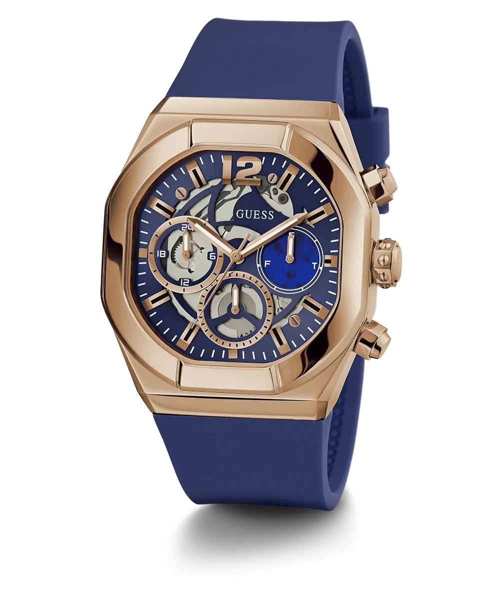 GUESS Mens Blue Rose Gold Tone Multi-function Watch