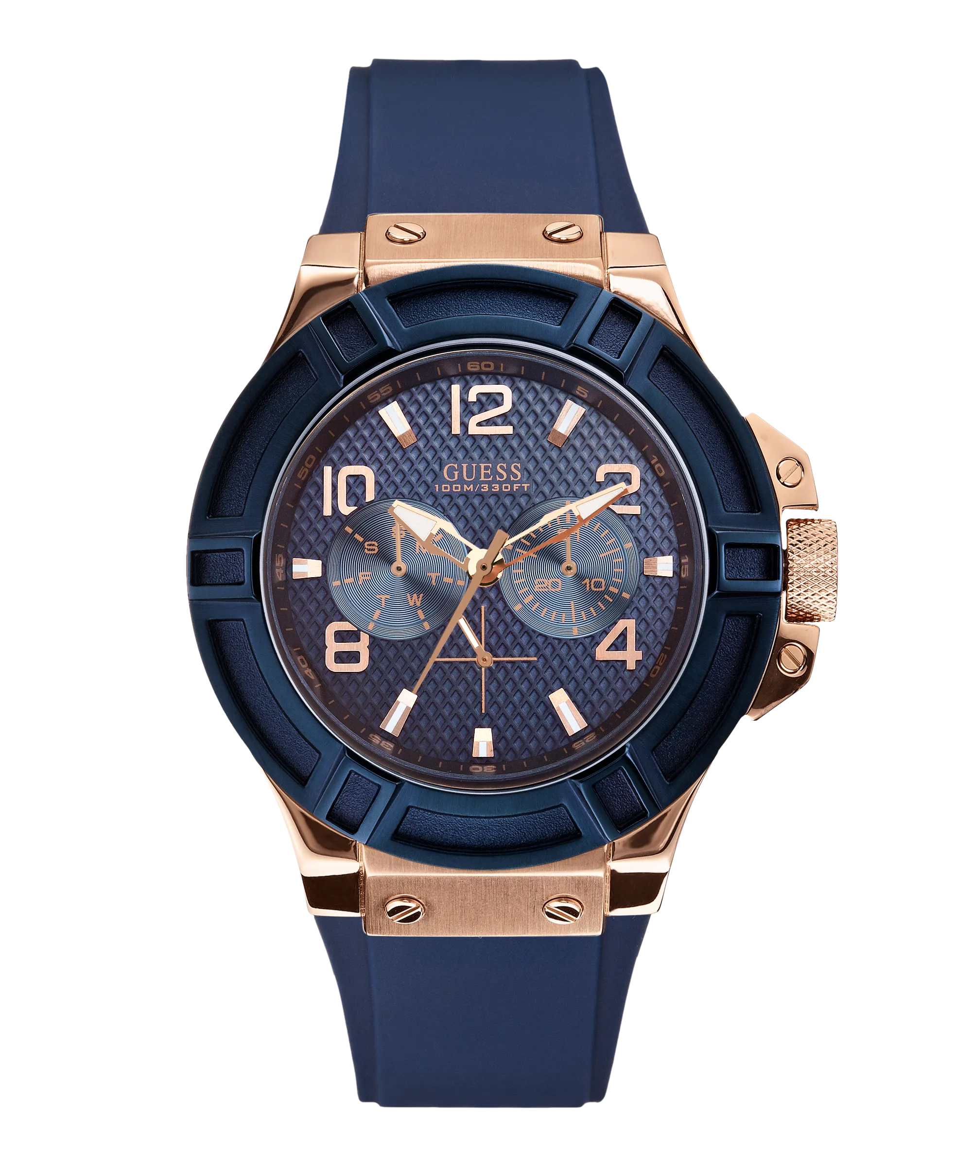 GUESS Mens Blue Rose Gold Tone Multi-function Watch