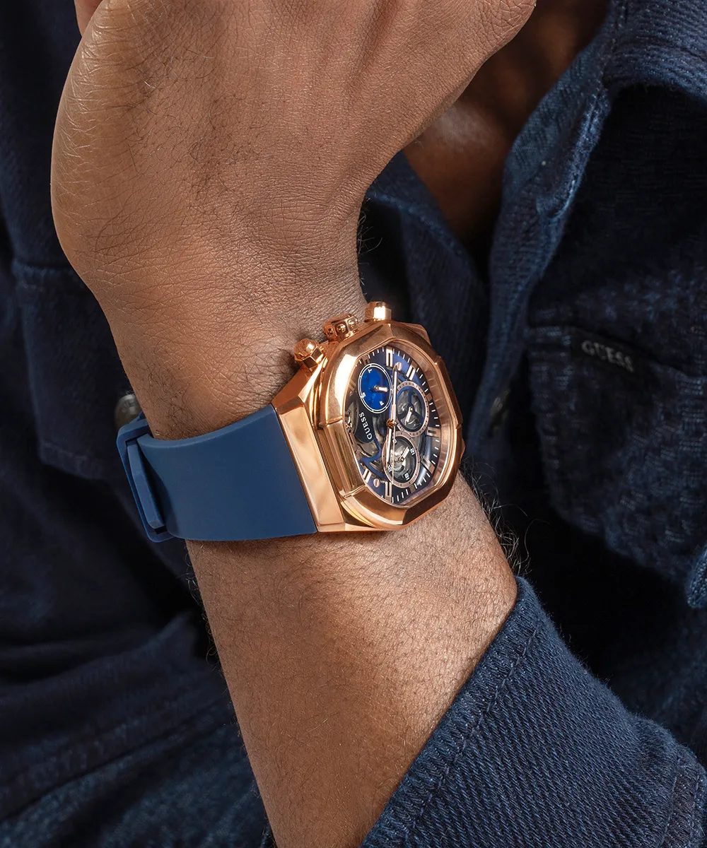 GUESS Mens Blue Rose Gold Tone Multi-function Watch