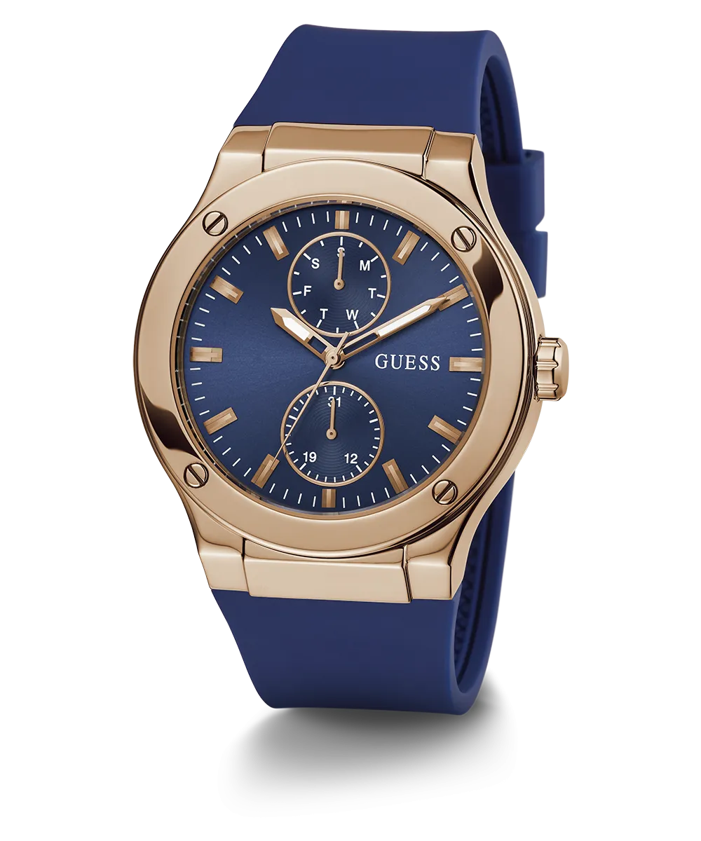 GUESS Mens Blue Rose Gold Tone Multi-function Watch