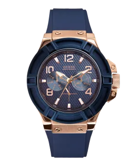 GUESS Mens Blue Rose Gold Tone Multi-function Watch