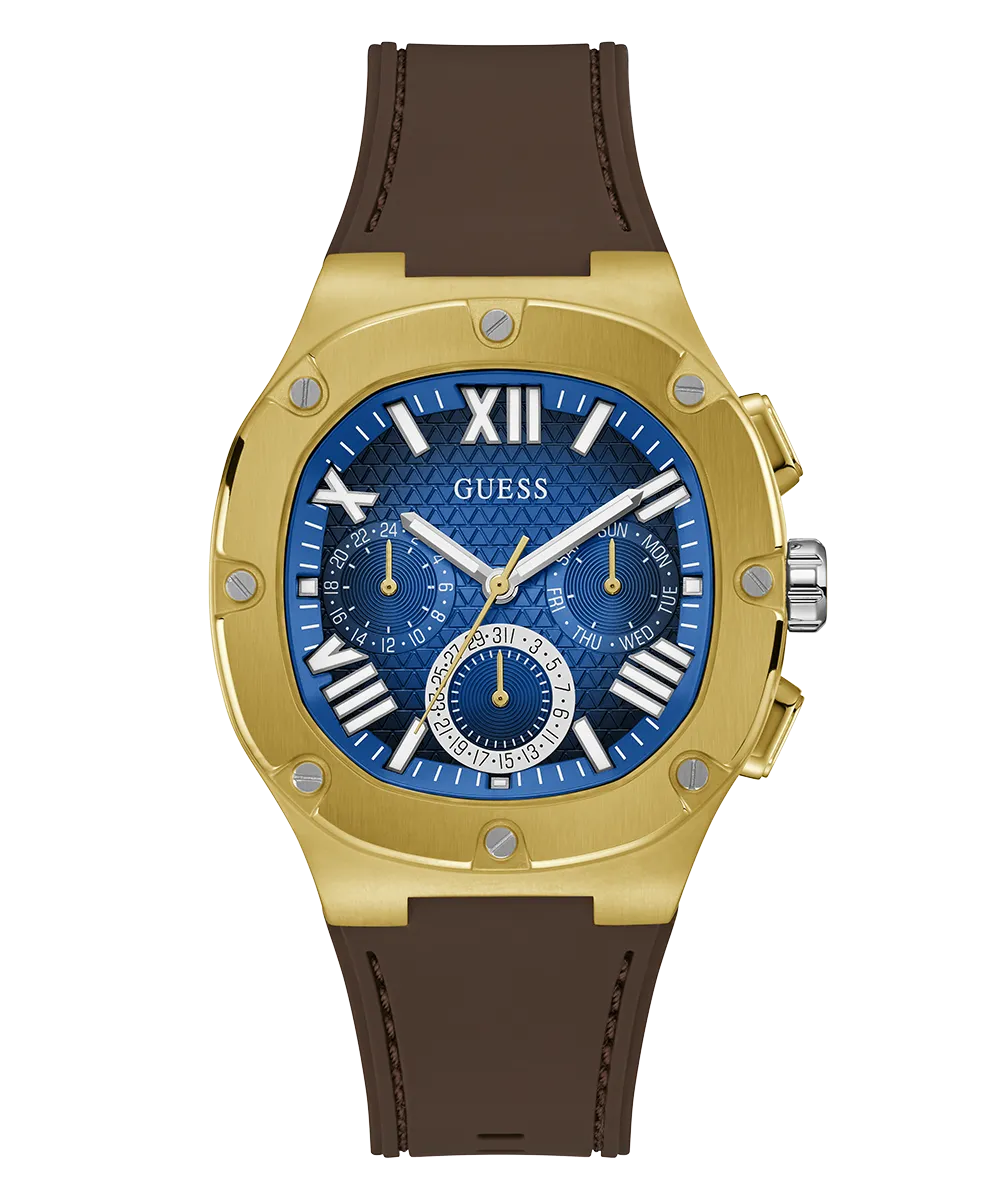 GUESS Mens Brown Gold Tone Multi-function Watch