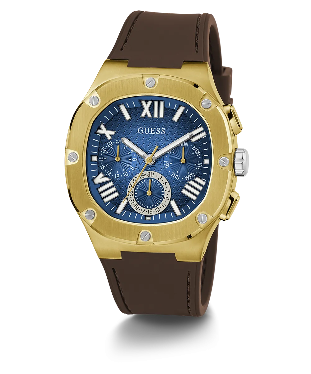 GUESS Mens Brown Gold Tone Multi-function Watch