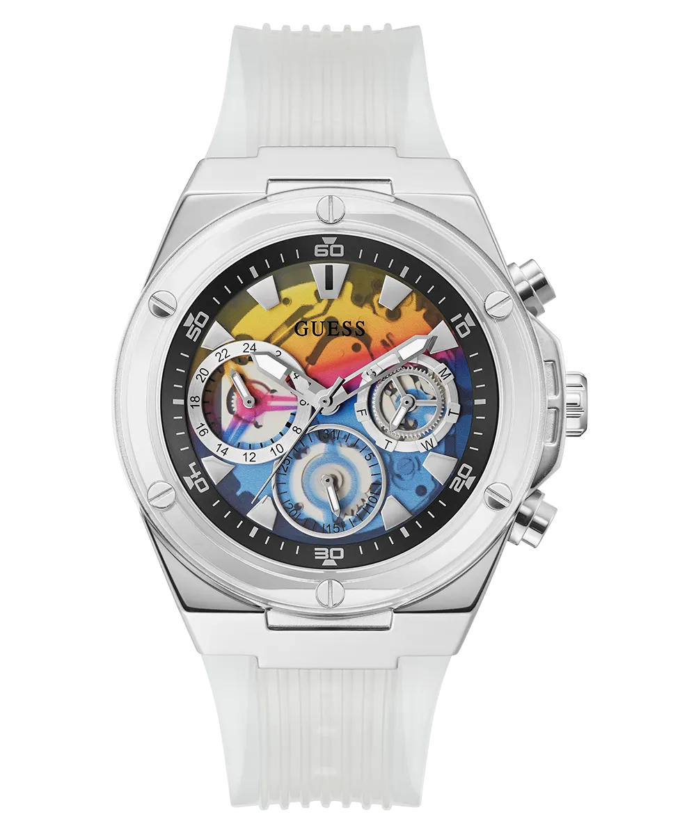 GUESS Mens Clear Silver Tone Multi-function Watch