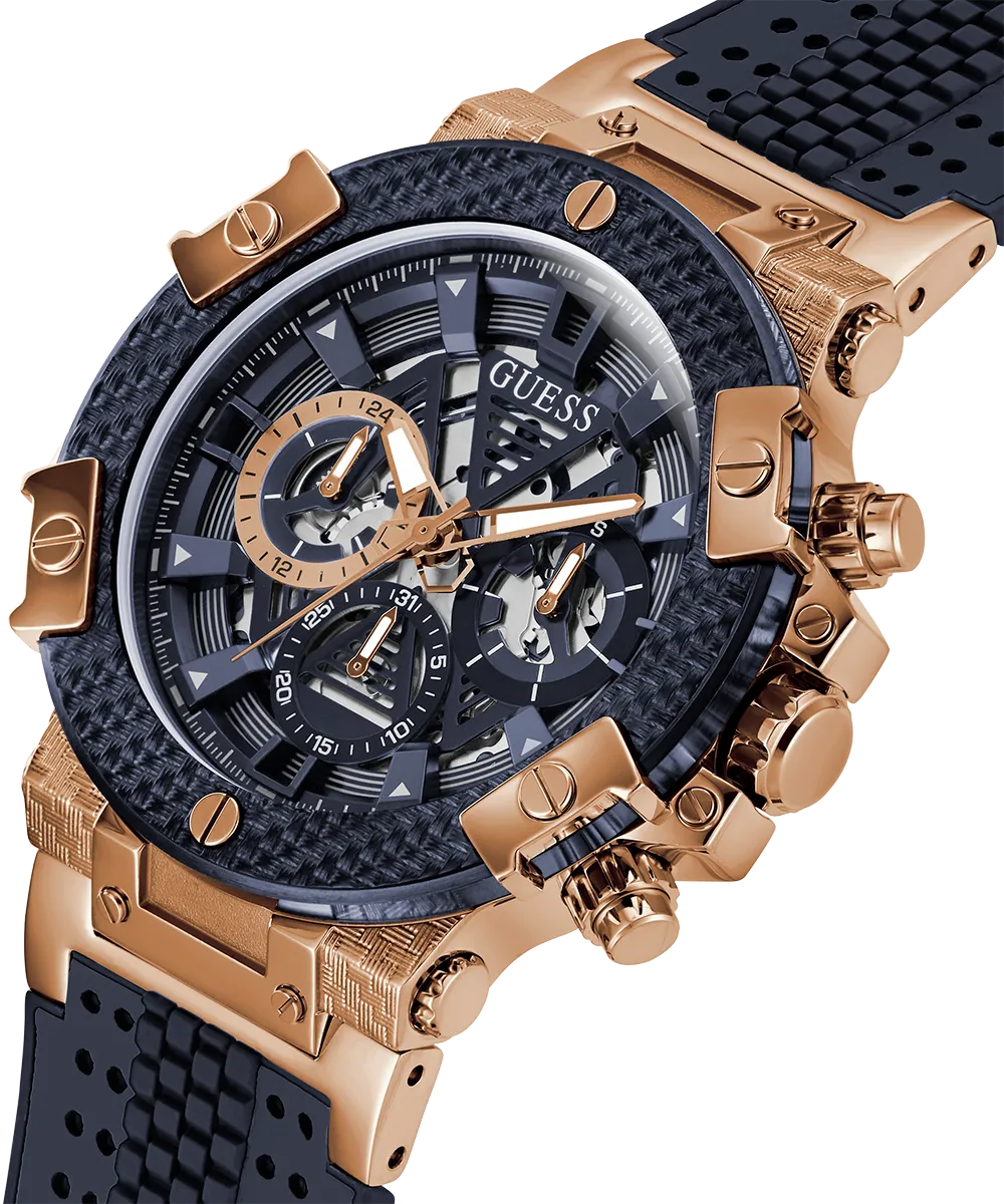 GUESS Mens Navy Rose Gold Tone Multi-function Watch