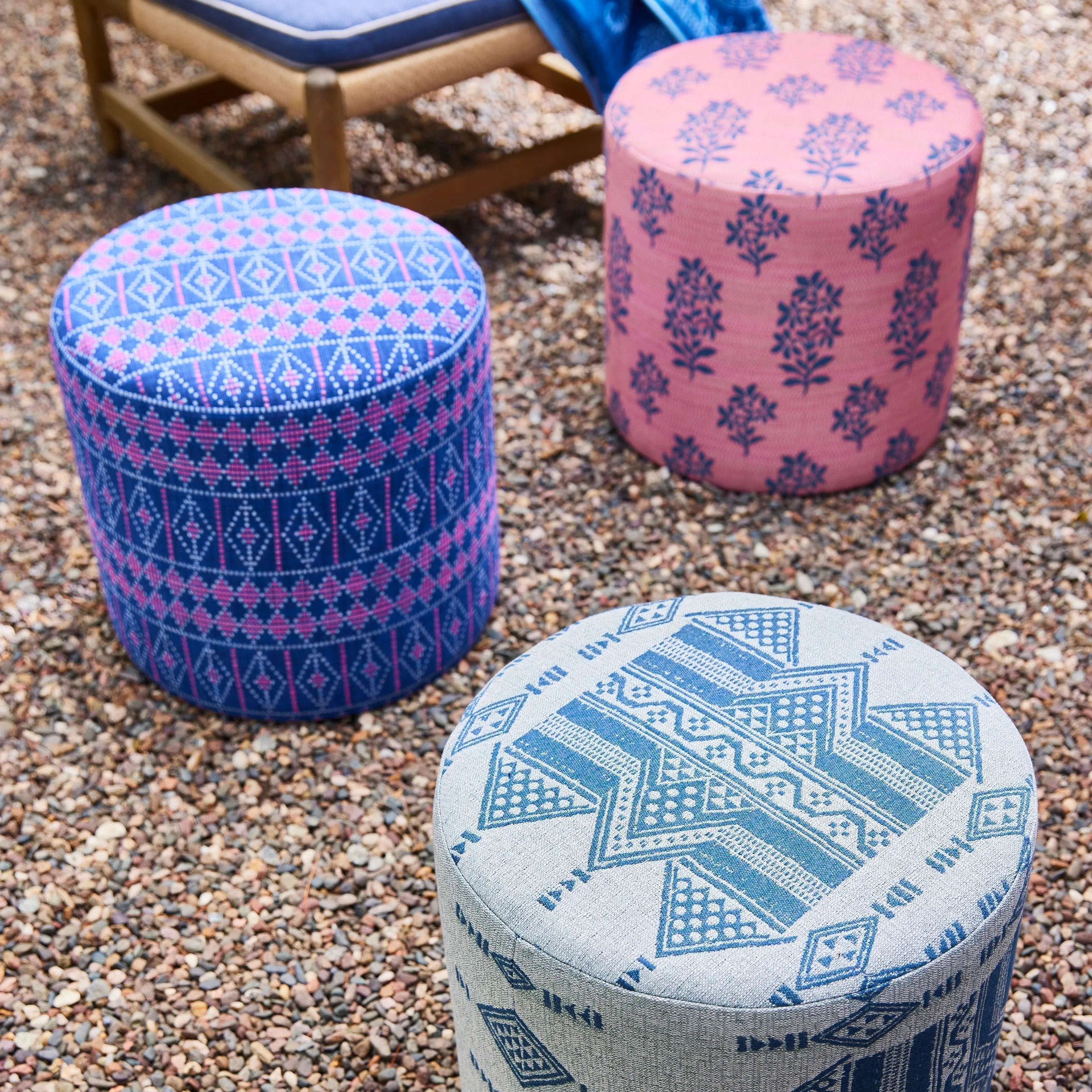 Indoor/Outdoor Pouf in Peter Dunham Textiles Samarkand Indigo on White